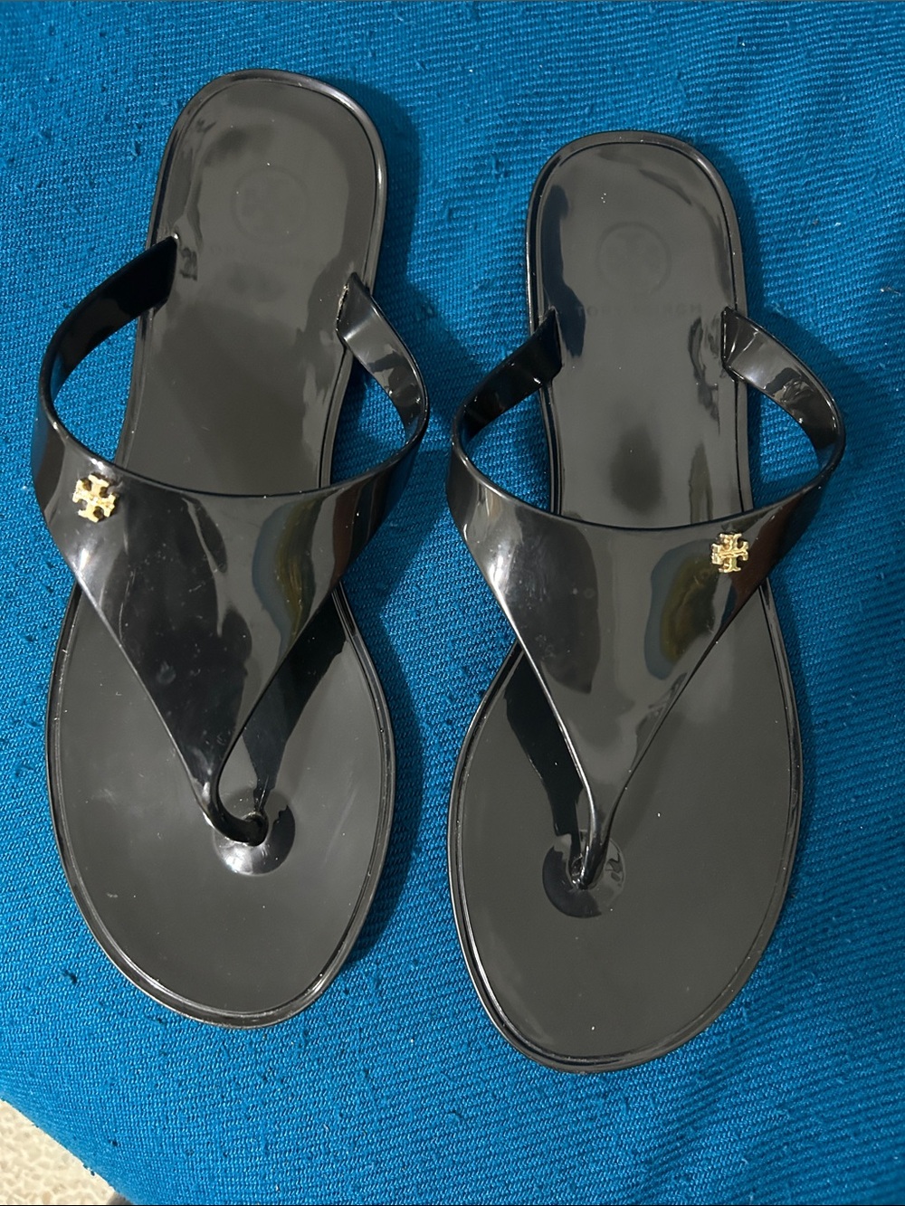 Tory Burch Black Patent Jelly Thong Sandals with Gold Logo